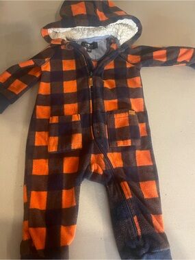 7 For All Mankind Orange and Black Plaid Hooded Baby One-Piece